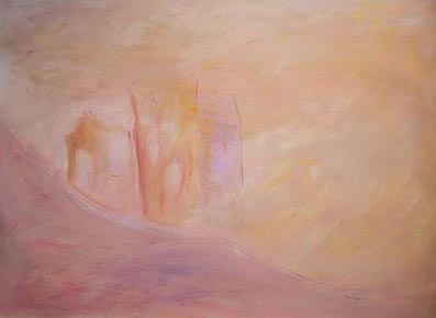 HOUSES ON THE HILL, acrylic on paper