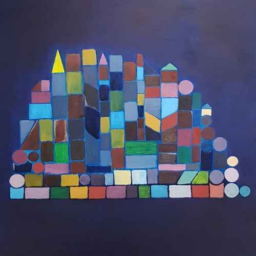 HILL TOWN, oil and acrylic painting on canvas